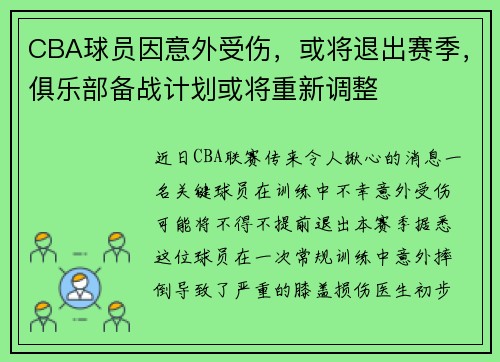 CBA球员因意外受伤，或将退出赛季，俱乐部备战计划或将重新调整