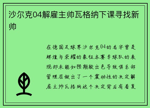 沙尔克04解雇主帅瓦格纳下课寻找新帅