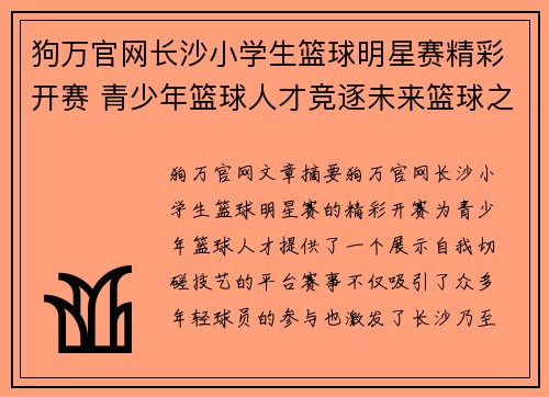 狗万官网长沙小学生篮球明星赛精彩开赛 青少年篮球人才竞逐未来篮球之星