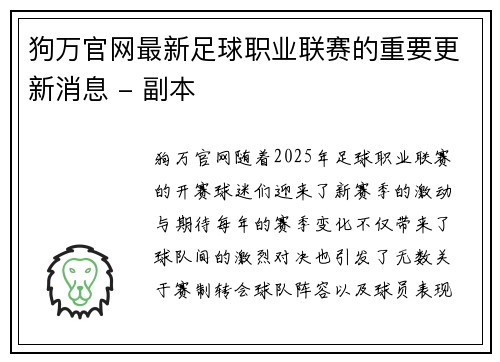 狗万官网最新足球职业联赛的重要更新消息 - 副本